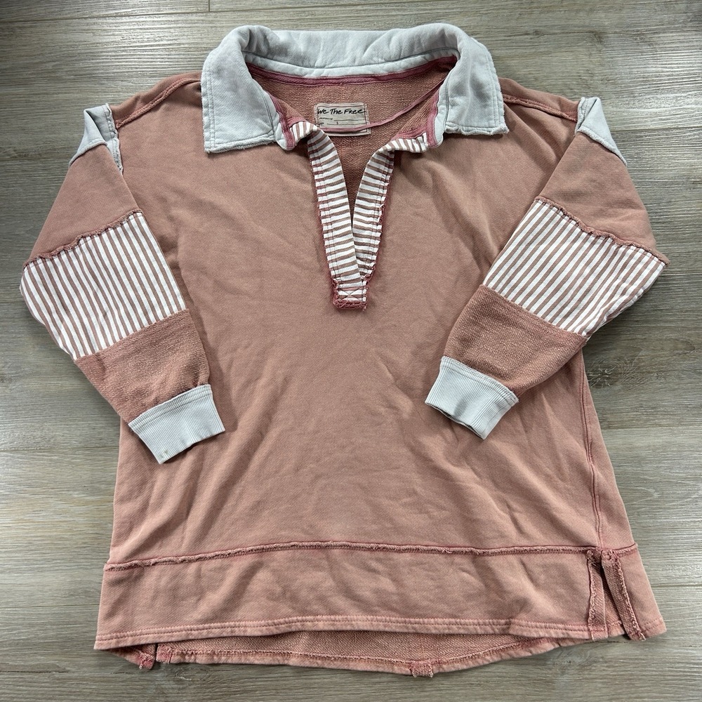 Free People Blush Pink Striped Cuff Polo Top